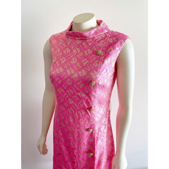Richard Kaplan 1960s Pink Gold Metallic Thread Belted Vintage Shift Dress Sz 10 - Picture 10 of 16